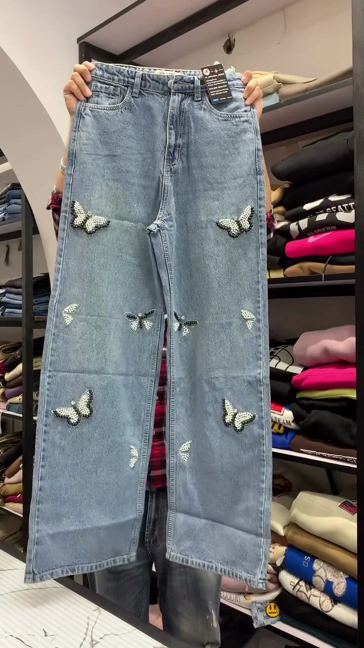 Crystal Butterfly Wide-Leg Jeans – Statement Embellished Denim (XXS–XXL)