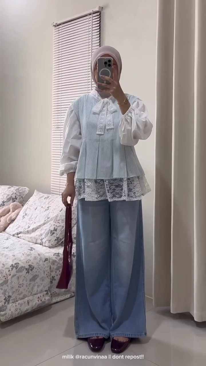 Soft Vintage Layered Lace Blouse & Wide-Leg Denim Set – Modest Chic Collection (XXS–XXL)
