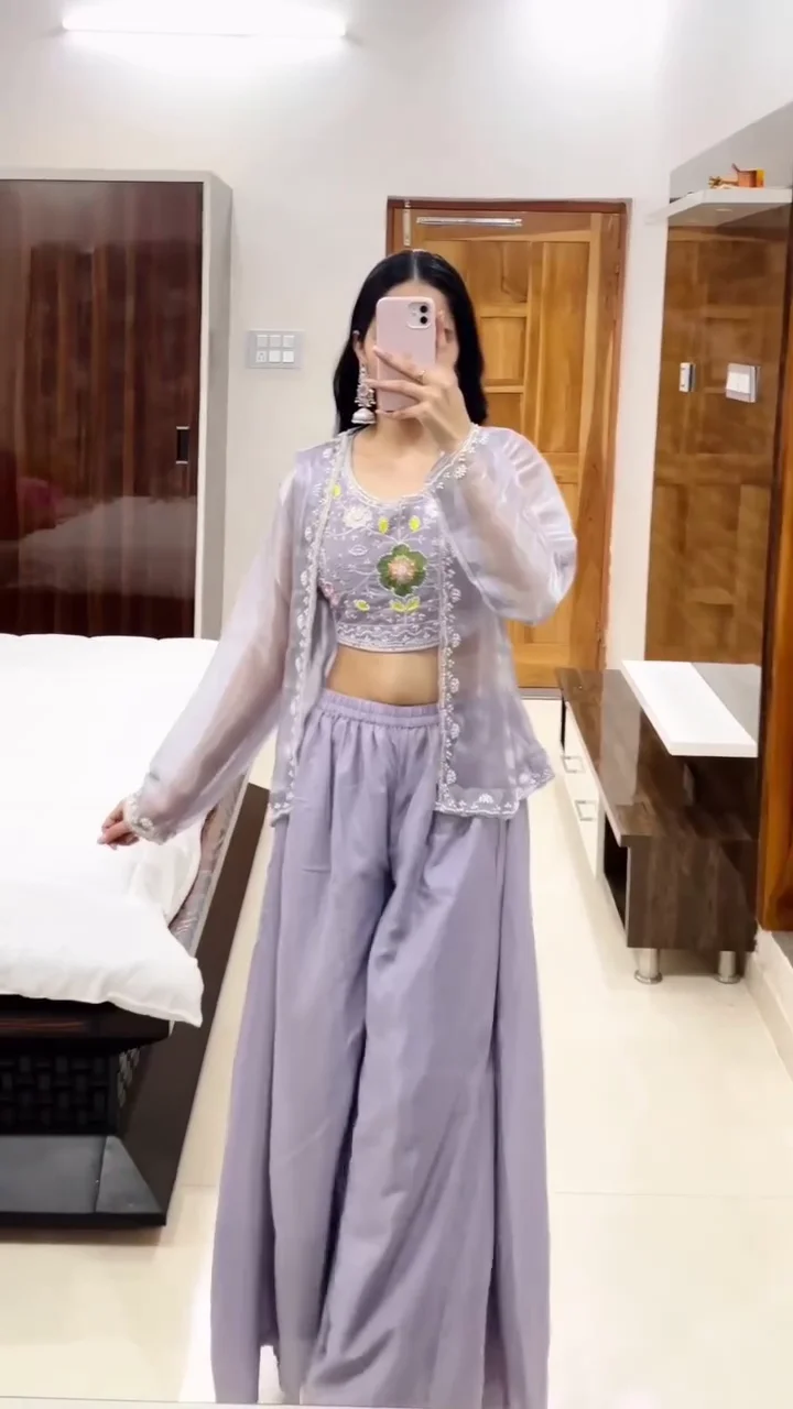 Lilac Luxe 3-Piece Co-Ord Set | Embroidered Crop Top, Palazzo & Sheer Jacket