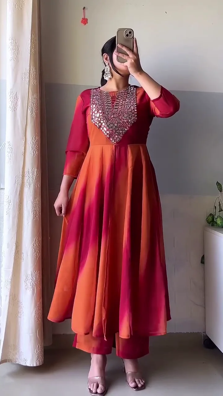 Sunset Radiance Anarkali Set | Ombre Festive Dress with Embroidered Yoke