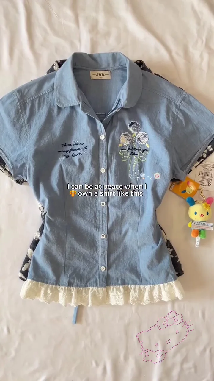 “Soft Bloom Denim Shirt | Vintage Cute Aesthetic Top”