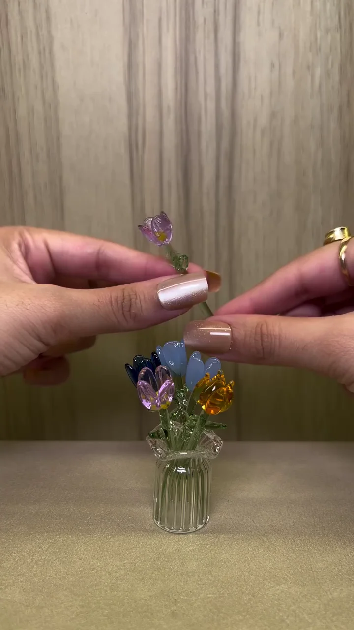 Enchanted Mini Glass Flower Vase with Handcrafted Crystal Bloom Bouquet