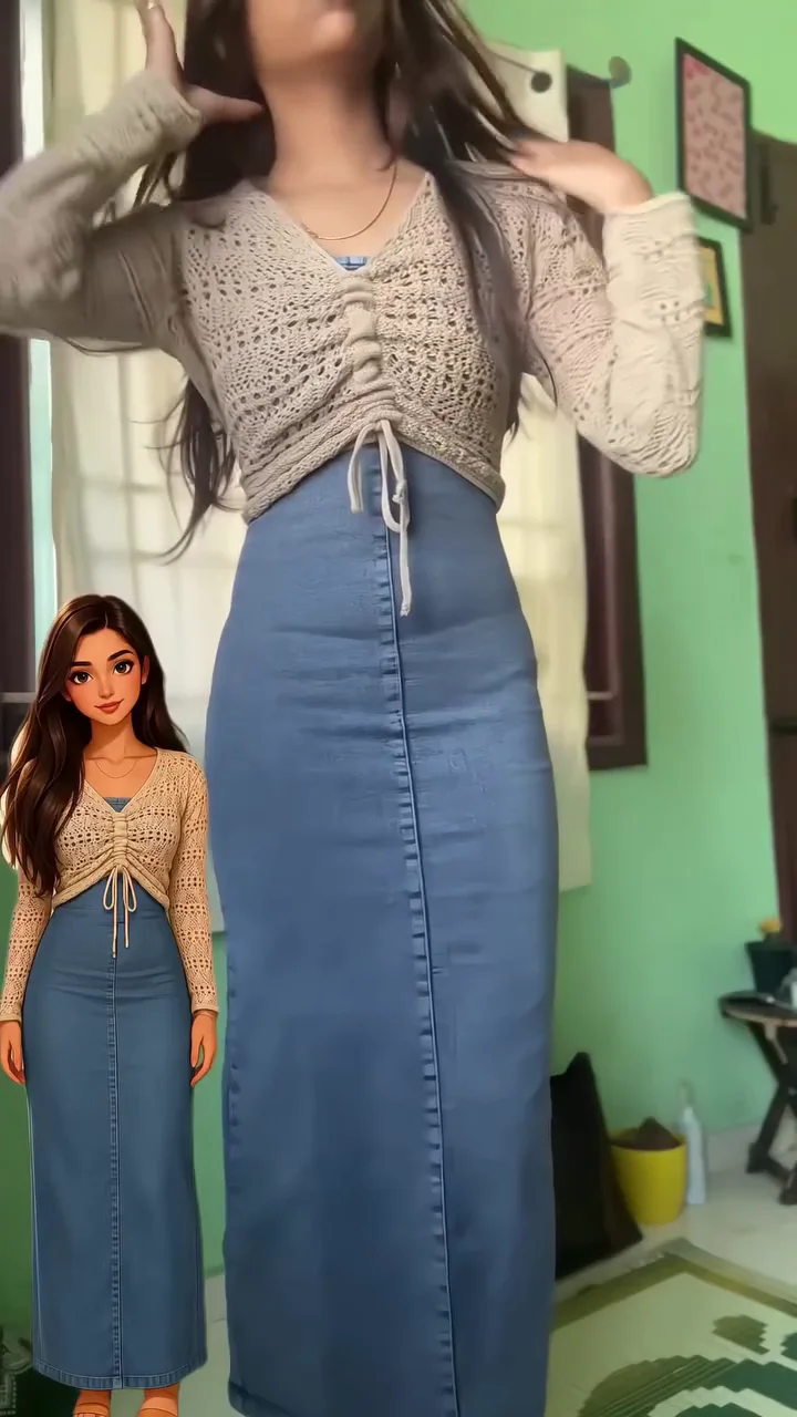 Elegant Crochet Tie-Front Shrug & Premium Denim Maxi Skirt Co-Ord Set | Chic Korean Style Women's Casual Fashion Outfit | Trendy Long Skirt Ensemble for Everyday Glam