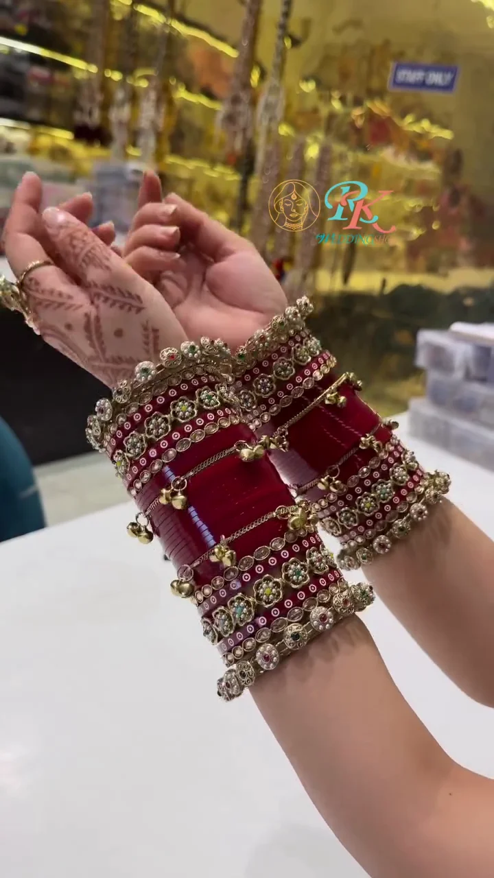 Royal Bridal Maroon Stone-Studded Bangle Set for Women | Traditional Wedding Chooda with Antique Kundan, Pearl & Ghungroo Detailing | Festive, Bridal & Ethnic Wear Collection