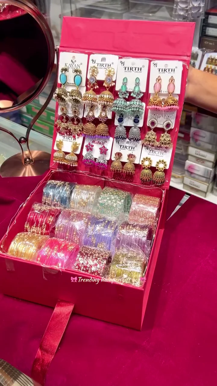 Premium Women's Luxury Jewelry Gift Hamper Box | Designer Jhumka Earrings & Traditional Bangle Combo Set | Festive, Bridal & Special Occasion Gift Collection