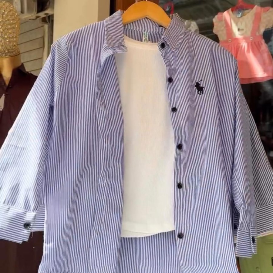 Blue Striped Oversized Girlish Shirt with White Inner Top - 2 Piece Casual Set